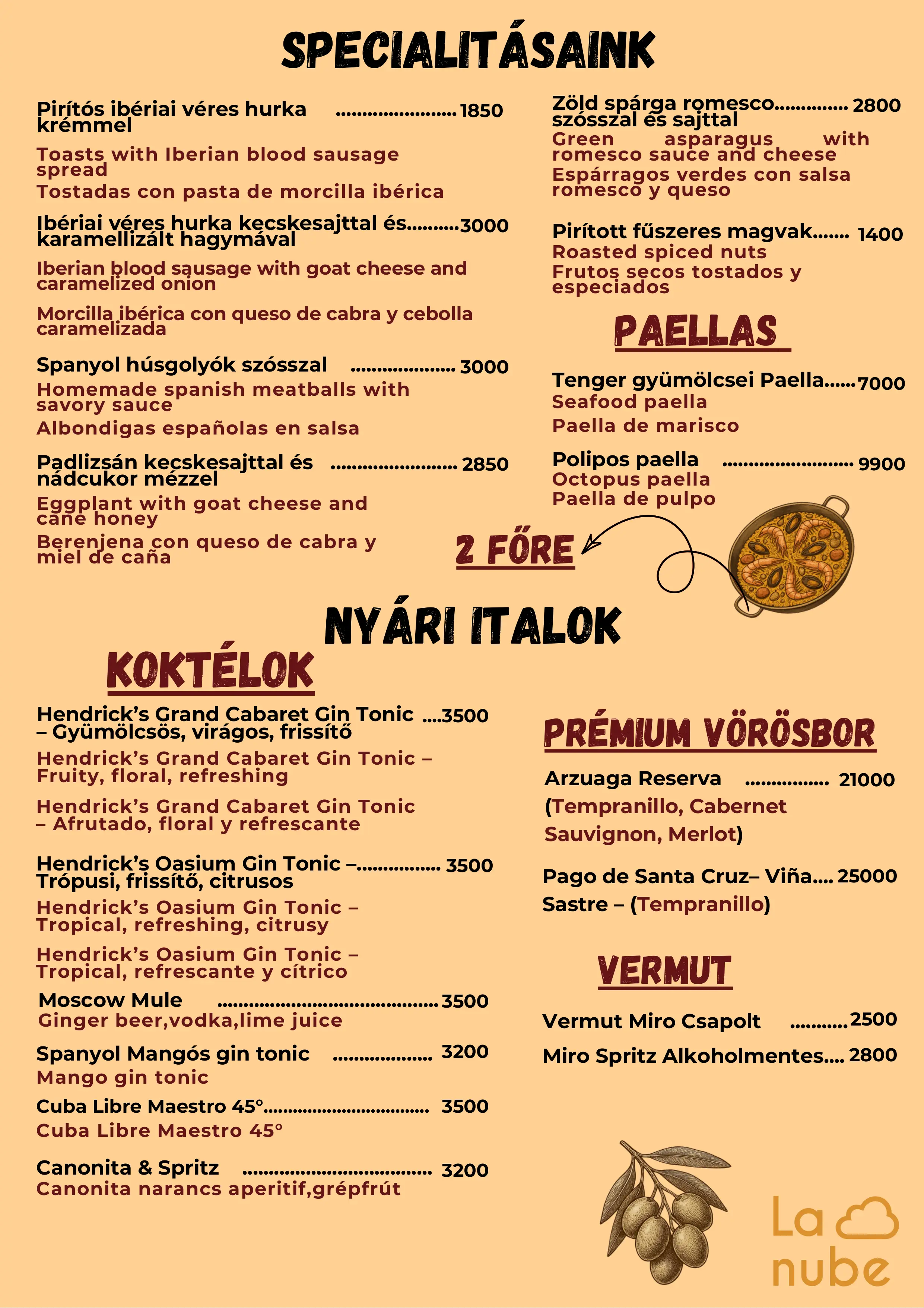 La Nube étterem specialitások